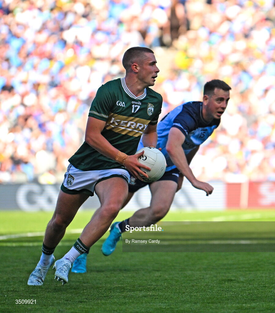 12 July 2026; Evan Looney of Kerry during the GAA Football All-Ireland Senior Championship semi-final match between Dublin and Kerry at Croke Park in Dublin. Photo by Ramsey Cardy/Sportsfile