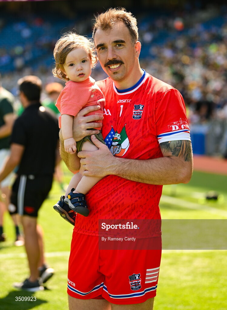 12 July 2026; USGAA goalkeeper Brian Bowler with his son Padraig after the GAA Football All-Ireland Junior Championship Final match between USGAA and London at Croke Park in Dublin. Photo by Ramsey Cardy/Sportsfile