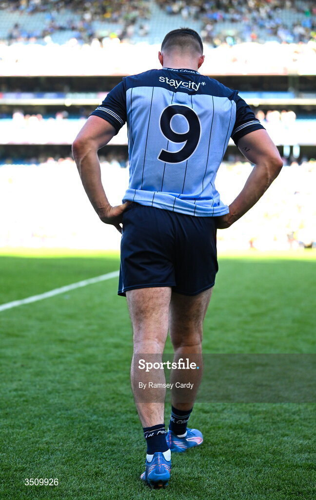 12 July 2026; Brian Howard of Dublin after his side's defeat in the GAA Football All-Ireland Senior Championship semi-final match between Dublin and Kerry at Croke Park in Dublin. Photo by Ramsey Cardy/Sportsfile