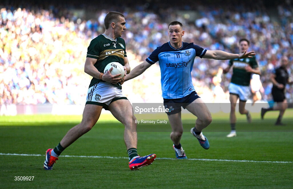 12 July 2026; Dylan Casey of Kerry in action against Con O'Callaghan of Dublin during the GAA Football All-Ireland Senior Championship semi-final match between Dublin and Kerry at Croke Park in Dublin. Photo by Ramsey Cardy/Sportsfile