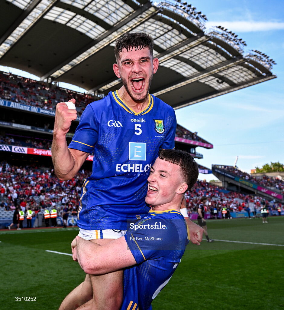 11 July 2026; Darragh Fee, left, and John Paul Nolan of Wicklow celebrate after the Tailteann Cup final match between Down and Wicklow at Croke Park in Dublin. Photo by Ben McShane/Sportsfile