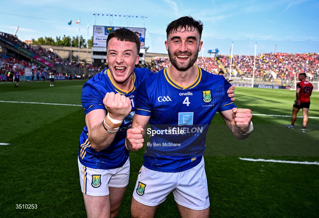 11 July 2026; John Paul Nolan, left, and Malachy Stone of Wicklow celebrate after the Tailteann Cup final match between Down and Wicklow at Croke Park in Dublin. Photo by Ben McShane/Sportsfile