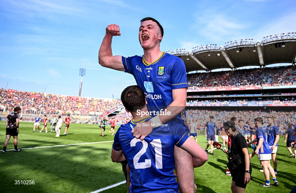 11 July 2026; John Paul Nolan, 21, and Matt Nolan of Wicklow celebrate after the Tailteann Cup final match between Down and Wicklow at Croke Park in Dublin. Photo by Ben McShane/Sportsfile