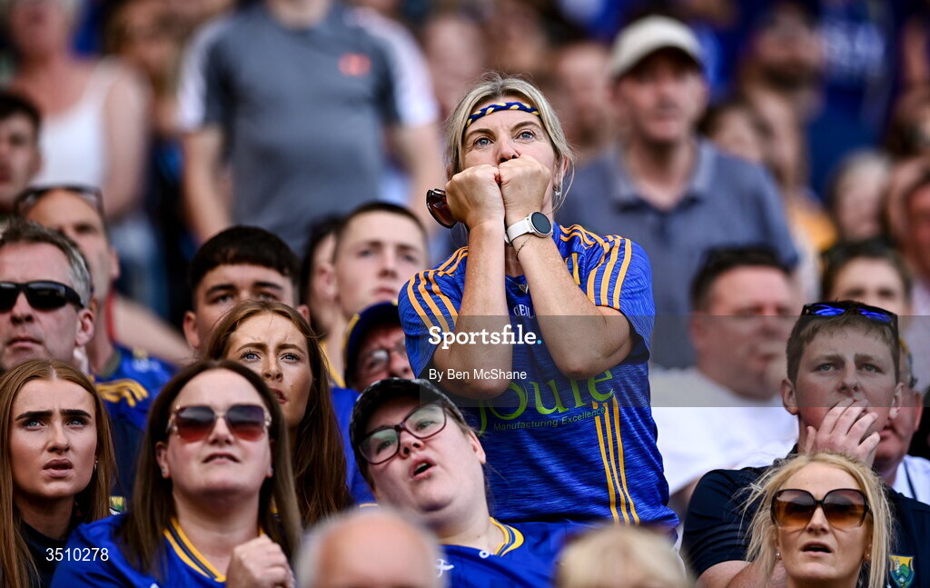 11 July 2026; Wicklow supporters react late on during the Tailteann Cup final match between Down and Wicklow at Croke Park in Dublin. Photo by Ben McShane/Sportsfile
