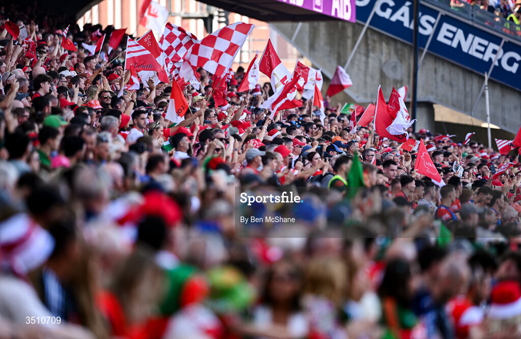 11 July 2026; Louth supporters before the GAA Football All-Ireland Senior Championship semi-final match between Mayo and Louth at Croke Park in Dublin. Photo by Ben McShane/Sportsfile