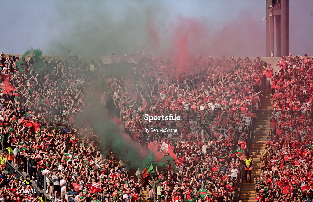 11 July 2026; Supporters in Hill 16 before the GAA Football All-Ireland Senior Championship semi-final match between Mayo and Louth at Croke Park in Dublin. Photo by Ben McShane/Sportsfile