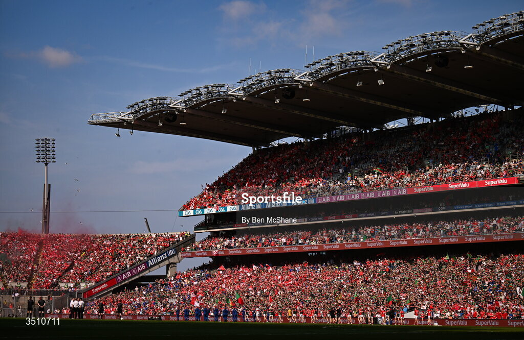 11 July 2026; A view of the pre-match parade before during the GAA Football All-Ireland Senior Championship semi-final match between Mayo and Louth at Croke Park in Dublin. Photo by Ben McShane/Sportsfile