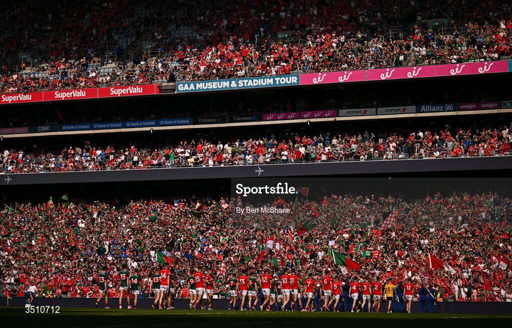 11 July 2026; A view of the pre-match parade before during the GAA Football All-Ireland Senior Championship semi-final match between Mayo and Louth at Croke Park in Dublin. Photo by Ben McShane/Sportsfile