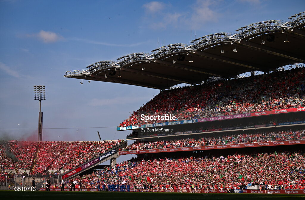 11 July 2026; A view of the pre-match parade before during the GAA Football All-Ireland Senior Championship semi-final match between Mayo and Louth at Croke Park in Dublin. Photo by Ben McShane/Sportsfile