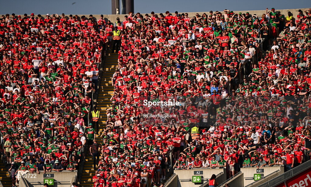 11 July 2026; Supporters in Hill 16 during the GAA Football All-Ireland Senior Championship semi-final match between Mayo and Louth at Croke Park in Dublin. Photo by Ben McShane/Sportsfile