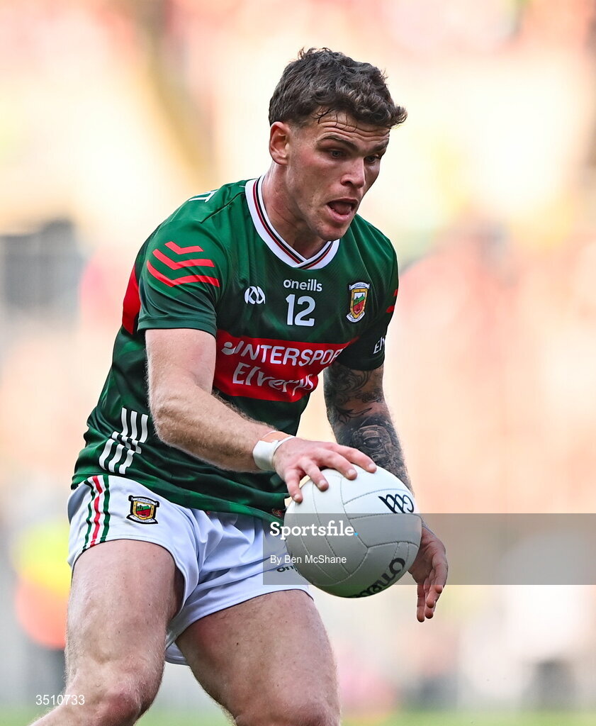 11 July 2026; Jordan Flynn of Mayo during the GAA Football All-Ireland Senior Championship semi-final match between Mayo and Louth at Croke Park in Dublin. Photo by Ben McShane/Sportsfile