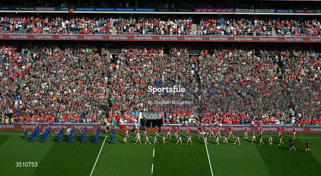 11 July 2026; The teams walk behind The Artane Band in the pre-match parade before the GAA Football All-Ireland Senior Championship semi-final match between Mayo and Louth at Croke Park in Dublin. Photo by Stephen McCarthy/Sportsfile