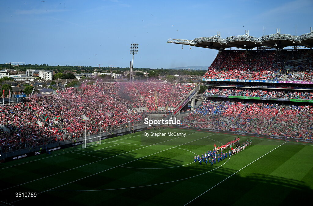 11 July 2026; The teams walk behind The Artane Band in the pre-match parade before the GAA Football All-Ireland Senior Championship semi-final match between Mayo and Louth at Croke Park in Dublin. Photo by Stephen McCarthy/Sportsfile