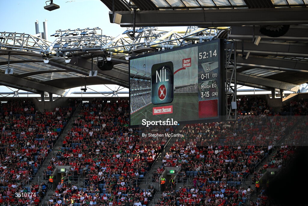 11 July 2026; A general view of a Hawk-Eye decision on a big screen during the GAA Football All-Ireland Senior Championship semi-final match between Mayo and Louth at Croke Park in Dublin. Photo by Stephen McCarthy/Sportsfile