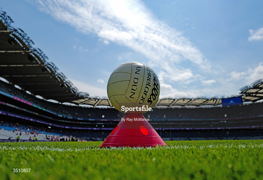 11 July 2026; An O'Neills Football, the property of the Down GAA County Board, on the pitch before the Tailteann Cup final match between Down and Wicklow at Croke Park in Dublin. Photo by Ray McManus/Sportsfile