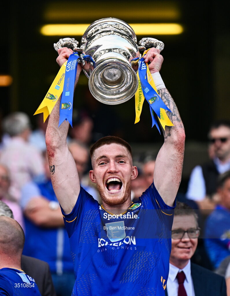 11 July 2026; Jonathan Carlin of Wicklow lifts the Tailteann Cup after the Tailteann Cup final match between Down and Wicklow at Croke Park in Dublin. Photo by Ben McShane/Sportsfile