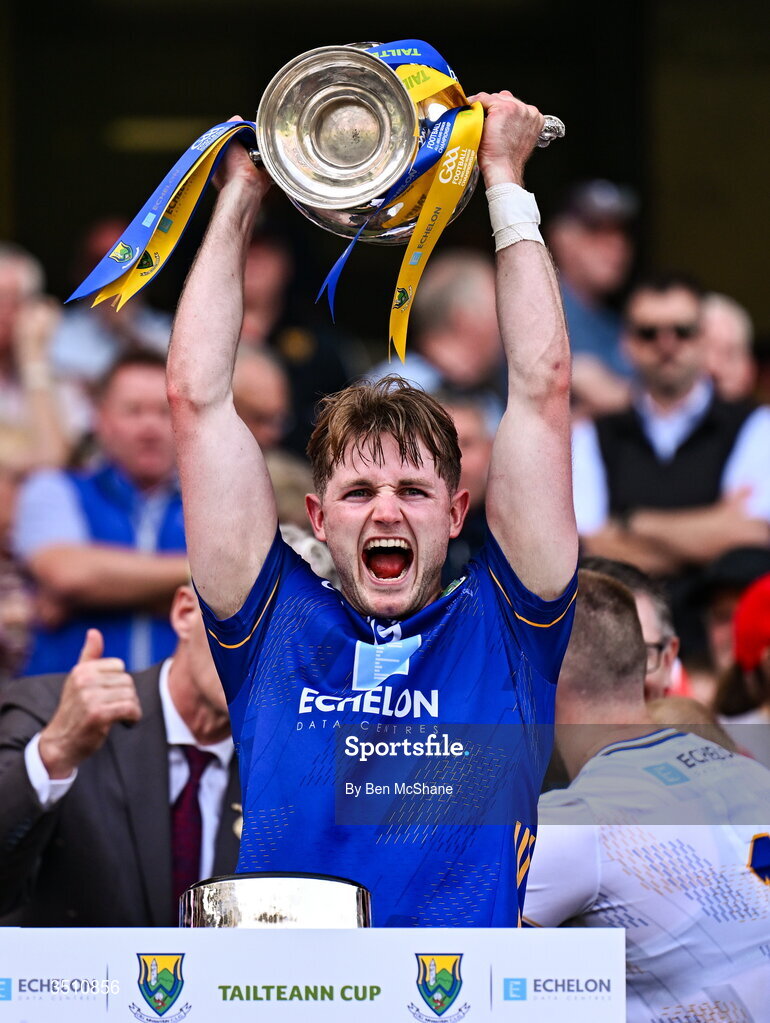 11 July 2026; Joe Prendergast of Wicklow lifts the Tailteann Cup after the Tailteann Cup final match between Down and Wicklow at Croke Park in Dublin. Photo by Ben McShane/Sportsfile