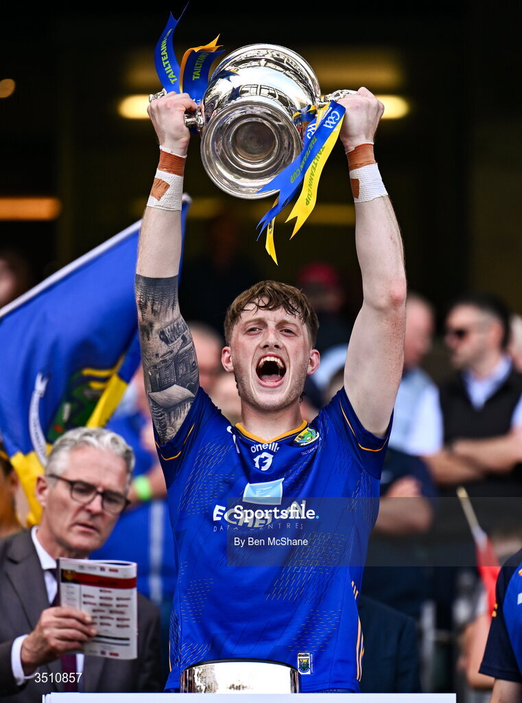 11 July 2026; Oisín McGraynor of Wicklow lifts the Tailteann Cup after the Tailteann Cup final match between Down and Wicklow at Croke Park in Dublin. Photo by Ben McShane/Sportsfile