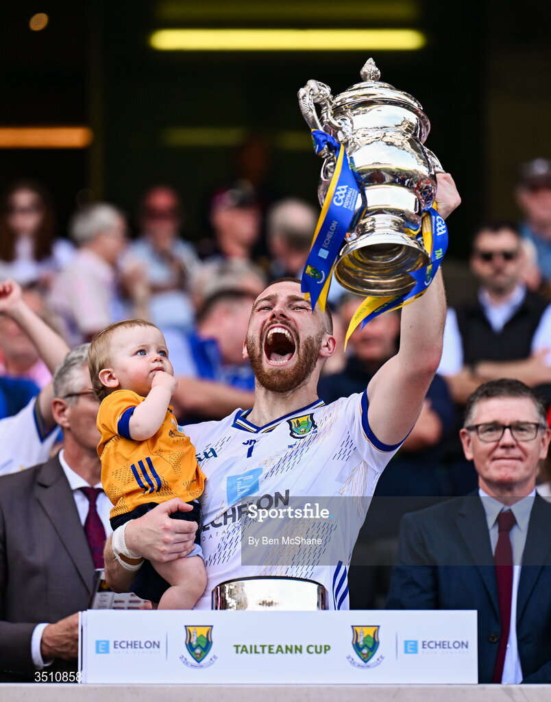 11 July 2026; Wicklow goalkeeper Mark Jackson and his son Liam lift the Tailteann Cup after the Tailteann Cup final match between Down and Wicklow at Croke Park in Dublin. Photo by Ben McShane/Sportsfile