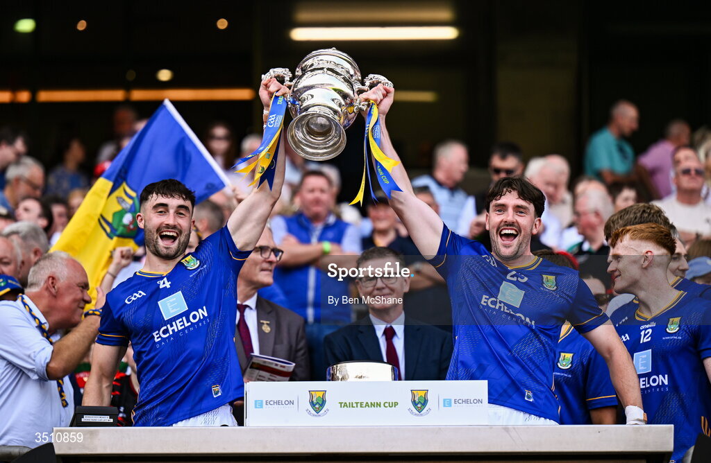 11 July 2026; Malachy Stone, left, and Jacques McCall of Wicklow lifts the Tailteann Cup after the Tailteann Cup final match between Down and Wicklow at Croke Park in Dublin. Photo by Ben McShane/Sportsfile