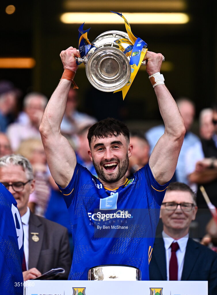 11 July 2026; Malachy Stone of Wicklow lifts the Tailteann Cup after the Tailteann Cup final match between Down and Wicklow at Croke Park in Dublin. Photo by Ben McShane/Sportsfile