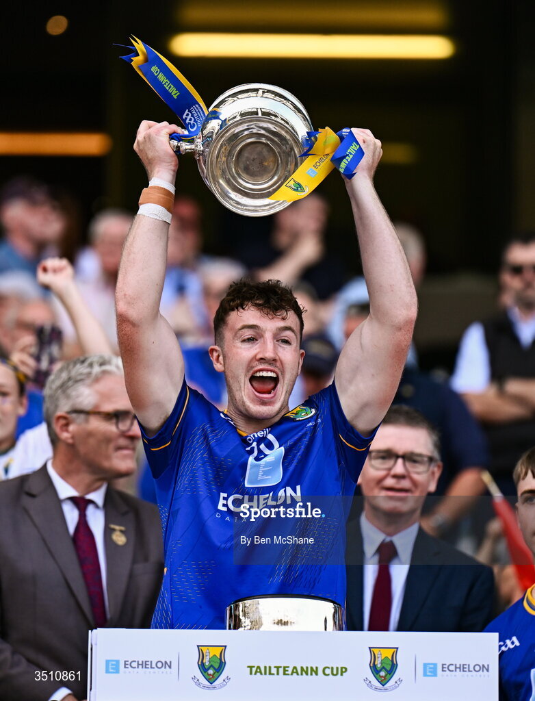 11 July 2026; Liam O'Neill of Wicklow lifts the Tailteann Cup after the Tailteann Cup final match between Down and Wicklow at Croke Park in Dublin. Photo by Ben McShane/Sportsfile