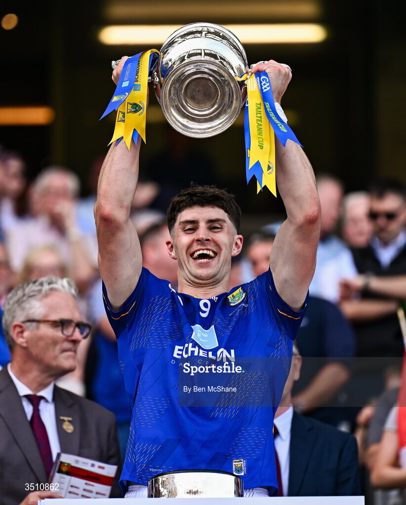 11 July 2026; Jack Kirwan of Wicklow lifts the Tailteann Cup after the Tailteann Cup final match between Down and Wicklow at Croke Park in Dublin. Photo by Ben McShane/Sportsfile