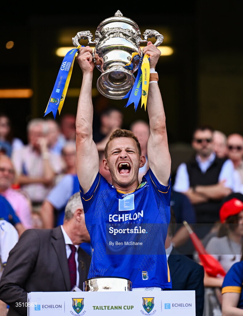 11 July 2026; Conall Ó Gallchobhair of Wicklow lifts the Tailteann Cup after the Tailteann Cup final match between Down and Wicklow at Croke Park in Dublin. Photo by Ben McShane/Sportsfile