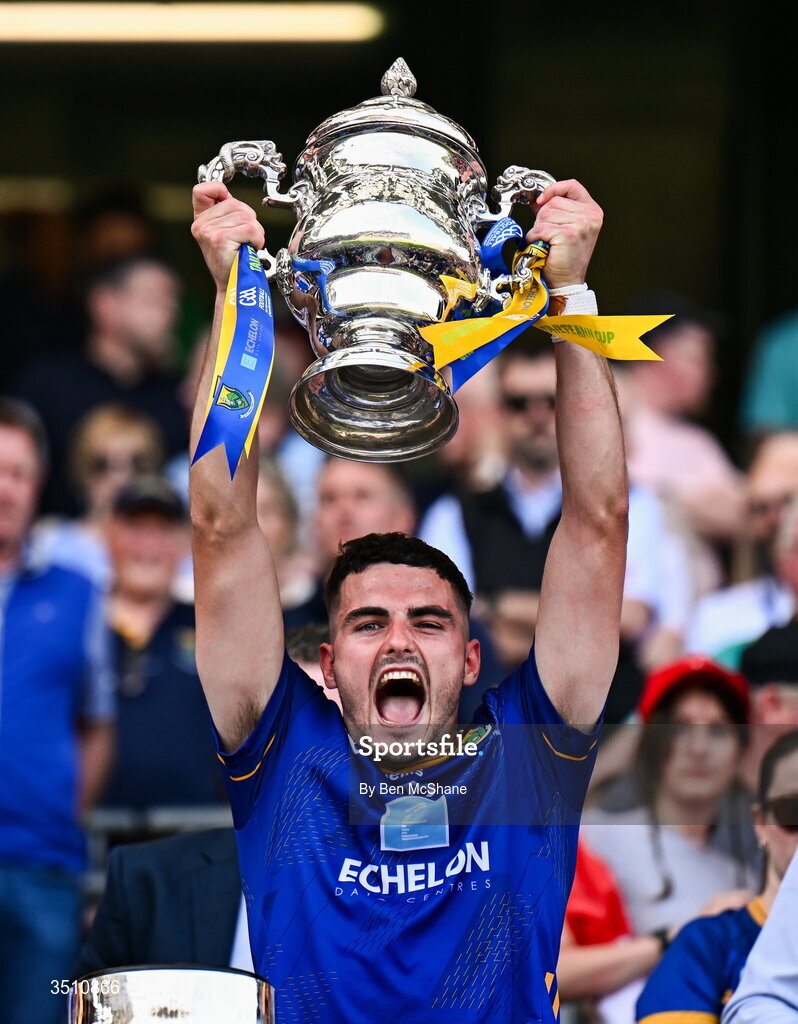 11 July 2026; Eoin Darcy of Wicklow lifts the Tailteann Cup after the Tailteann Cup final match between Down and Wicklow at Croke Park in Dublin. Photo by Ben McShane/Sportsfile