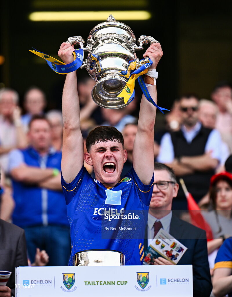 11 July 2026; Cian Deering of Wicklow lifts the Tailteann Cup after the Tailteann Cup final match between Down and Wicklow at Croke Park in Dublin. Photo by Ben McShane/Sportsfile