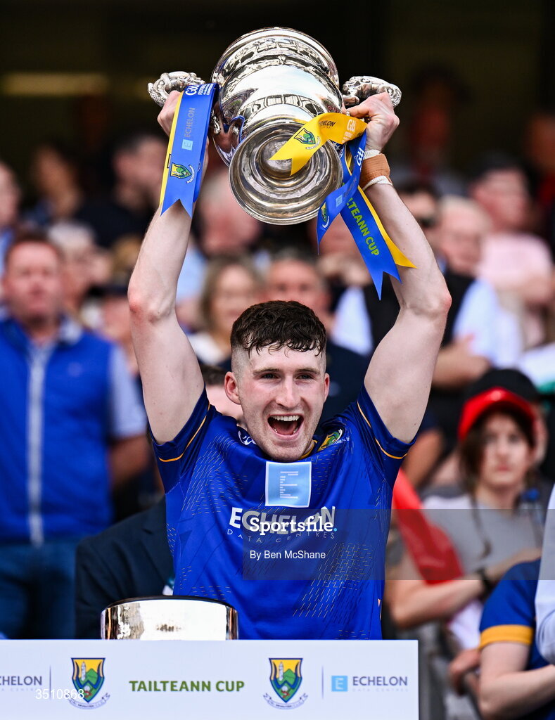 11 July 2026; Tom Moran of Wicklow lifts the Tailteann Cup after the Tailteann Cup final match between Down and Wicklow at Croke Park in Dublin. Photo by Ben McShane/Sportsfile