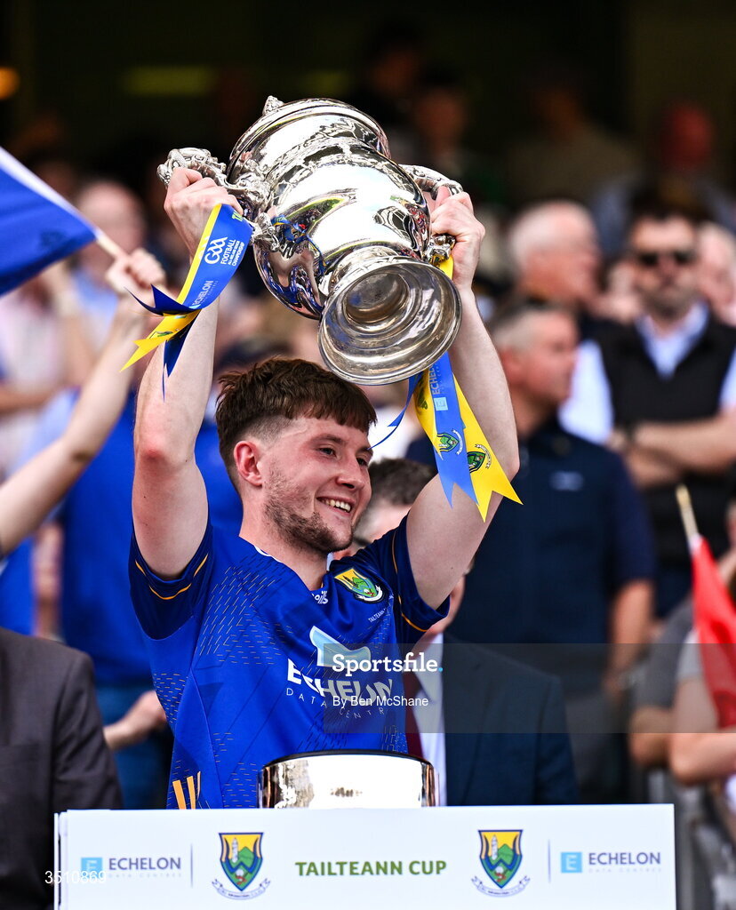 11 July 2026; Gavin Fogarty of Wicklow lifts the Tailteann Cup after the Tailteann Cup final match between Down and Wicklow at Croke Park in Dublin. Photo by Ben McShane/Sportsfile