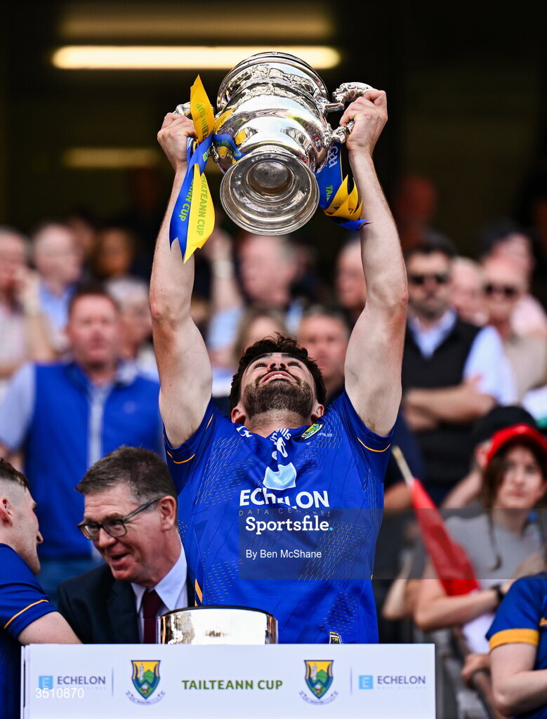 11 July 2026; Cathal Baker of Wicklow lifts the Tailteann Cup after the Tailteann Cup final match between Down and Wicklow at Croke Park in Dublin. Photo by Ben McShane/Sportsfile