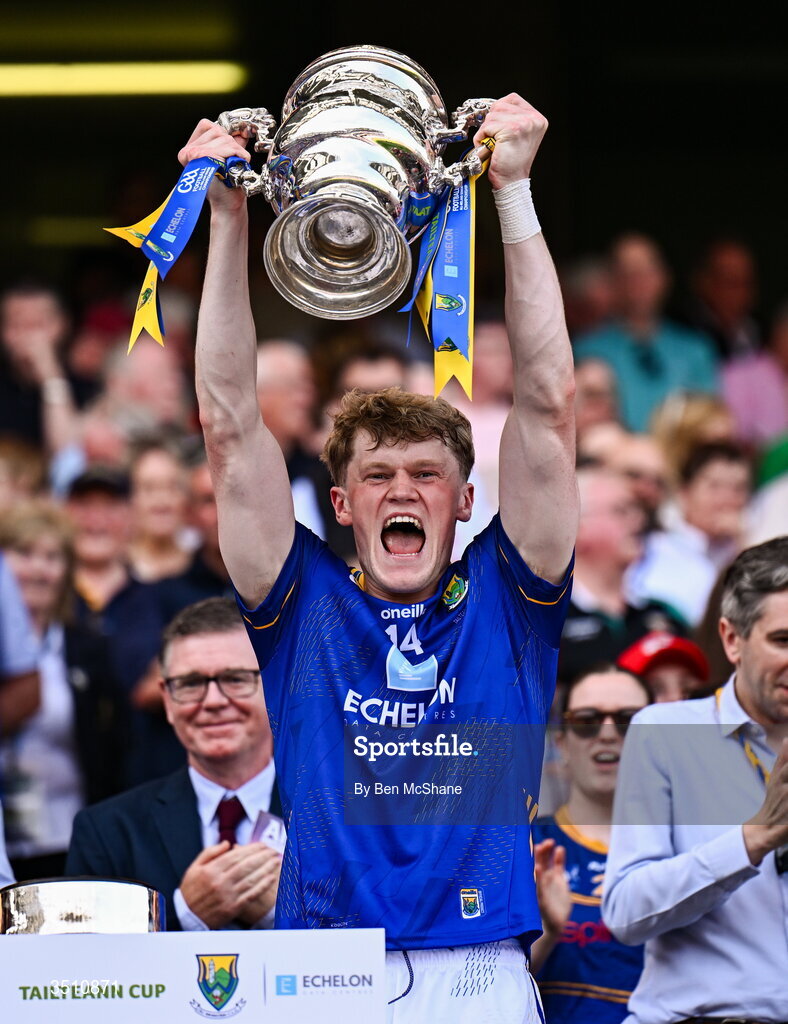 11 July 2026; Kevin Quinn of Wicklow lifts the Tailteann Cup after the Tailteann Cup final match between Down and Wicklow at Croke Park in Dublin. Photo by Ben McShane/Sportsfile