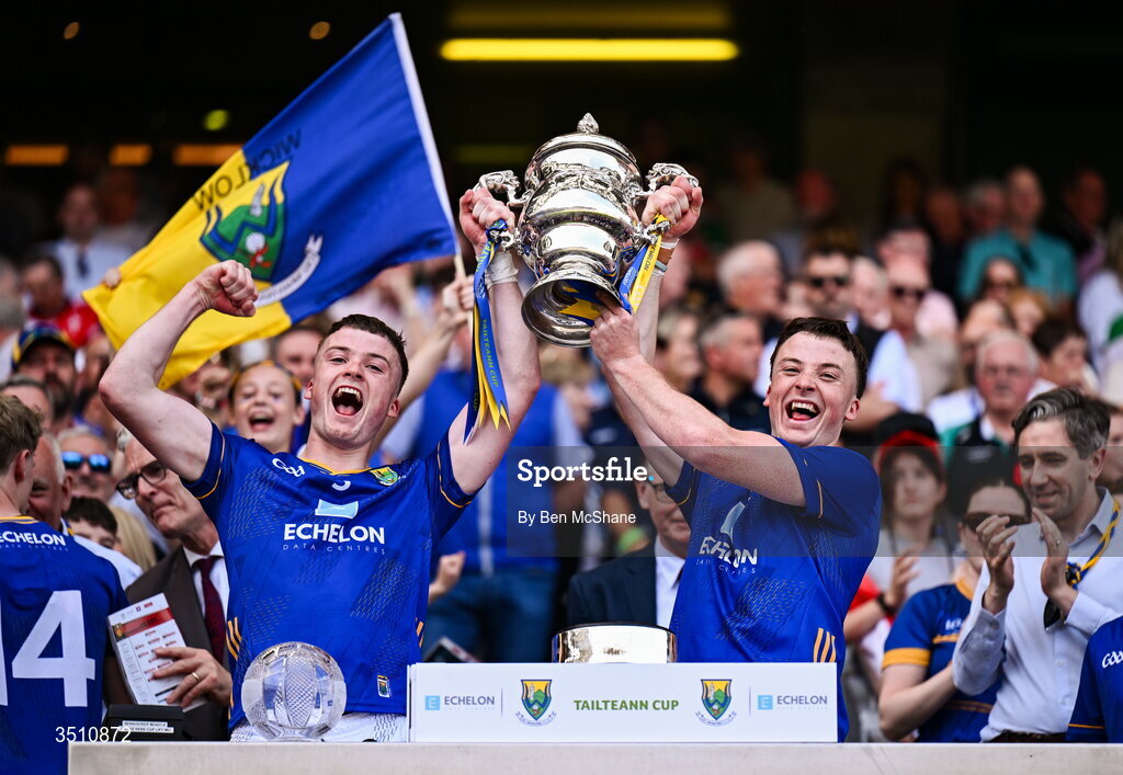 11 July 2026; Matt Nolan, left, and John Paul Nolan of Wicklow lifts the Tailteann Cup after the Tailteann Cup final match between Down and Wicklow at Croke Park in Dublin. Photo by Ben McShane/Sportsfile