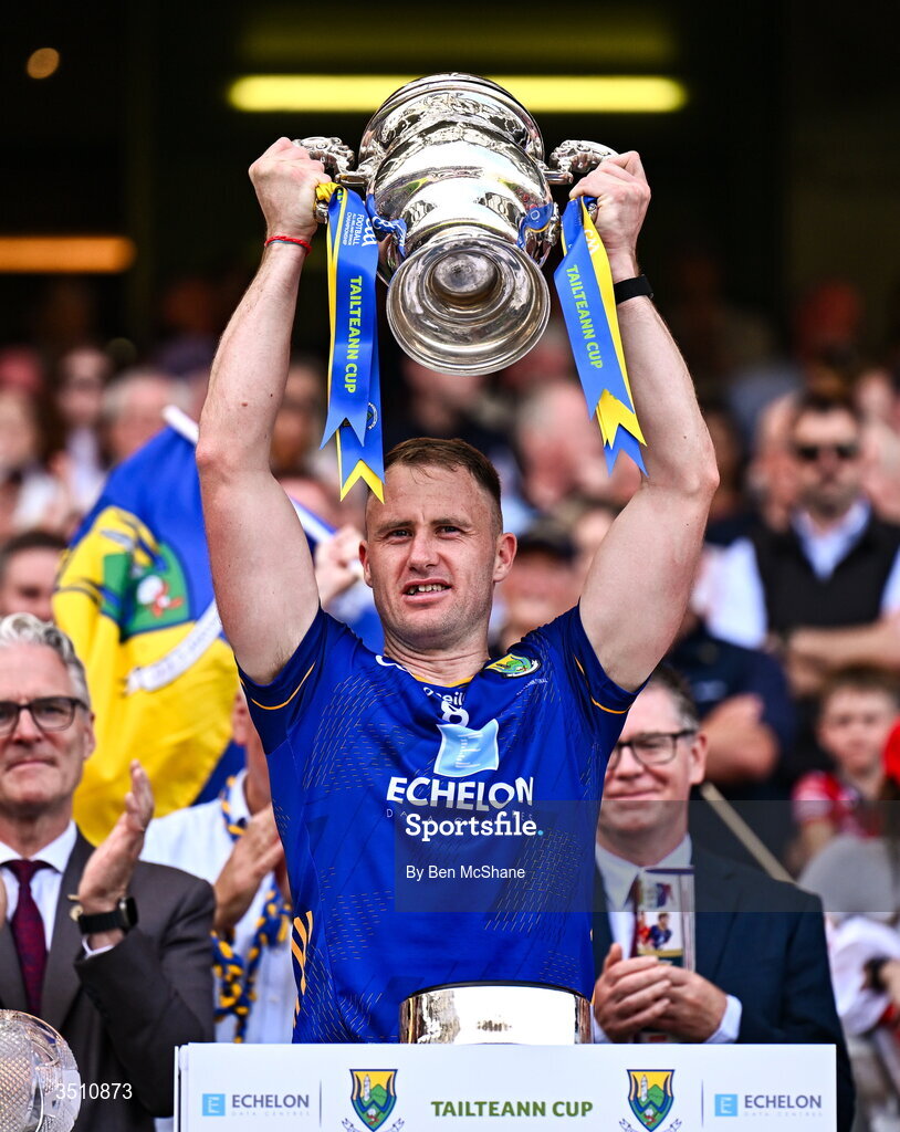 11 July 2026; Wicklow captian Dean Healy lifts the Tailteann Cup after the Tailteann Cup final match between Down and Wicklow at Croke Park in Dublin. Photo by Ben McShane/Sportsfile