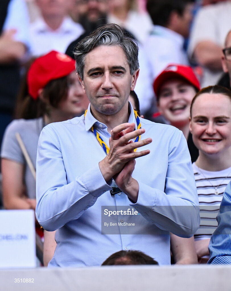 11 July 2026; Tánaiste Simon Harris T.D. after the Tailteann Cup final match between Down and Wicklow at Croke Park in Dublin. Photo by Ben McShane/Sportsfile