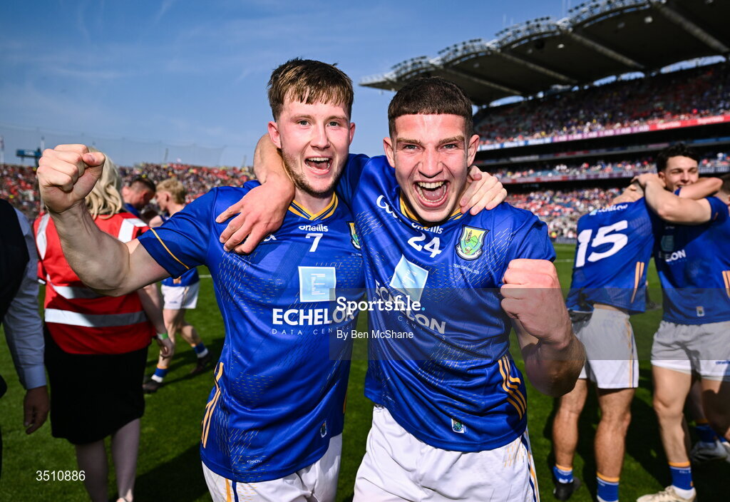 11 July 2026; Gavin Fogarty, left, and Conor Fee of Wicklow celebrate after the Tailteann Cup final match between Down and Wicklow at Croke Park in Dublin. Photo by Ben McShane/Sportsfile