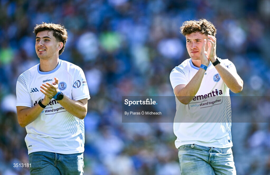 12 July 2026; The FTD Brothers, Jordan, left, and Cian Adams run a circut of Croke Park after completing an epic challenge by running 33 marathons in 33 days at the GAA Football All-Ireland Senior Championship semi-final match between Dublin and Kerry at Croke Park in Dublin. Photo by Piaras Ó Mídheach/Sportsfile