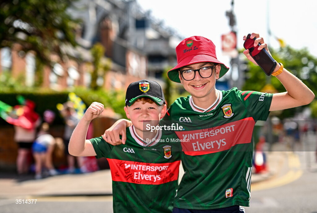 11 July 2026; Mayo supporters Tom O'Grady, left, and Conor Sloyan, from Charlestown, before the GAA Football All-Ireland Senior Championship semi-final match between Mayo and Louth at Croke Park in Dublin. Photo by Piaras Ó Mídheach/Sportsfile