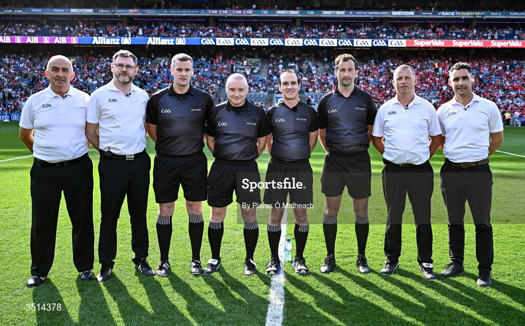 11 July 2026; Referee David Coldrick with match officials before the GAA Football All-Ireland Senior Championship semi-final match between Mayo and Louth at Croke Park in Dublin. Photo by Piaras Ó Mídheach/Sportsfile