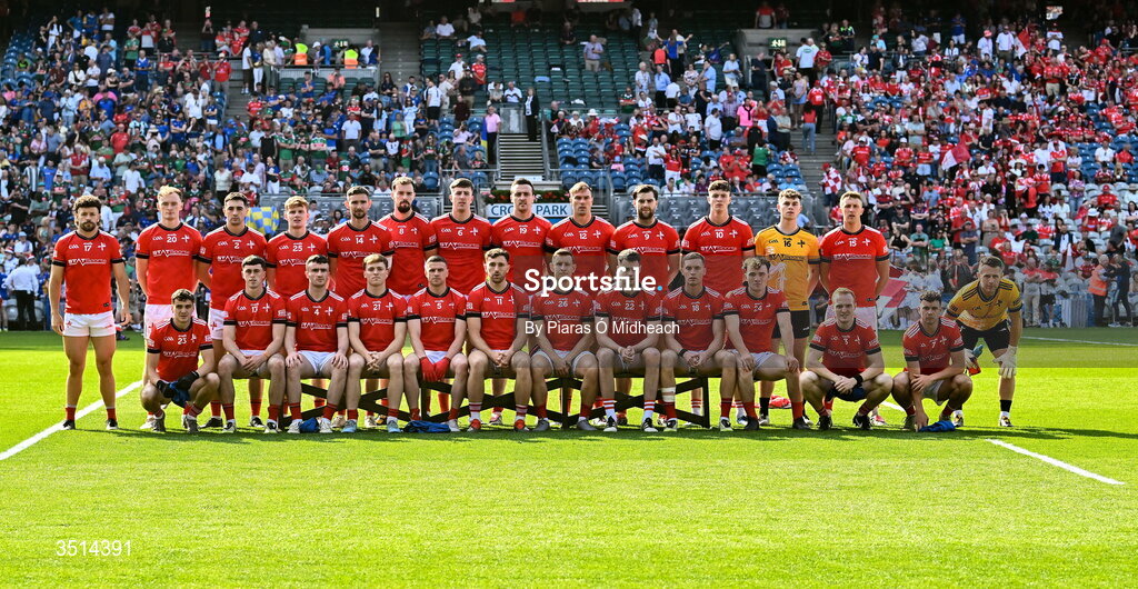 11 July 2026; The Louth squad before the GAA Football All-Ireland Senior Championship semi-final match between Mayo and Louth at Croke Park in Dublin. Photo by Piaras Ó Mídheach/Sportsfile