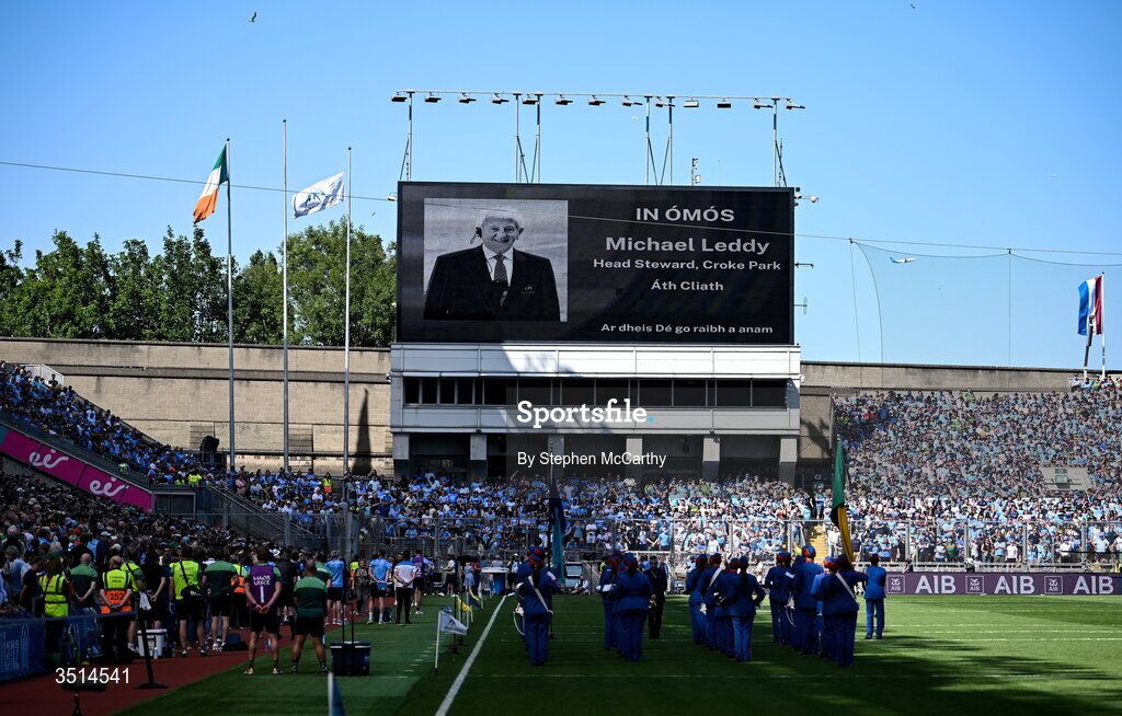 12 July 2026; Spectators, players and officials stand to respect the late chief steward Michael Leddy during the GAA Football All-Ireland Senior Championship semi-final match between Dublin and Kerry at Croke Park in Dublin. Photo by Stephen McCarthy/Sportsfile