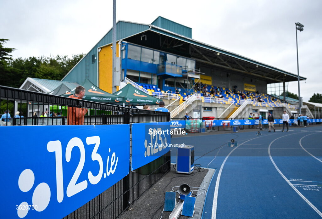 25 July 2026; 123.ie branding before day one of the 123.ie National Senior Track & Field Championships 2026 at Morton Stadium in Dublin. Photo by Mark Kavanagh/Sportsfile