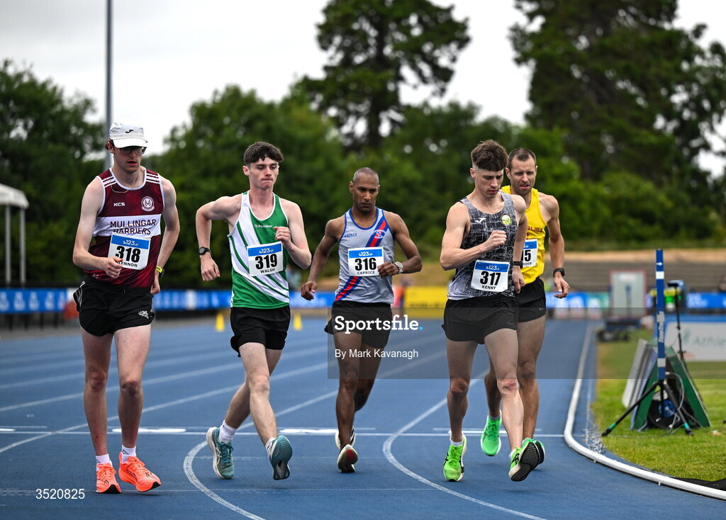 25 July 2026; David Kenny, right, of Farranfore Maine Valley A.C. leads out the 10,000m walk during day one of the 123.ie National Senior Track & Field Championships 2026 at Morton Stadium in Dublin. Photo by Mark Kavanagh/Sportsfile