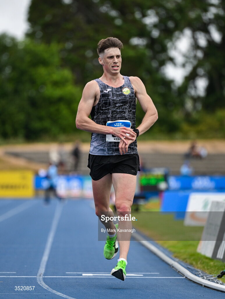 25 July 2026; David Kenny of Farranfore Maine Valley A.C. crosses the line to win the 10,000m walk during day one of the 123.ie National Senior Track & Field Championships 2026 at Morton Stadium in Dublin. Photo by Mark Kavanagh/Sportsfile