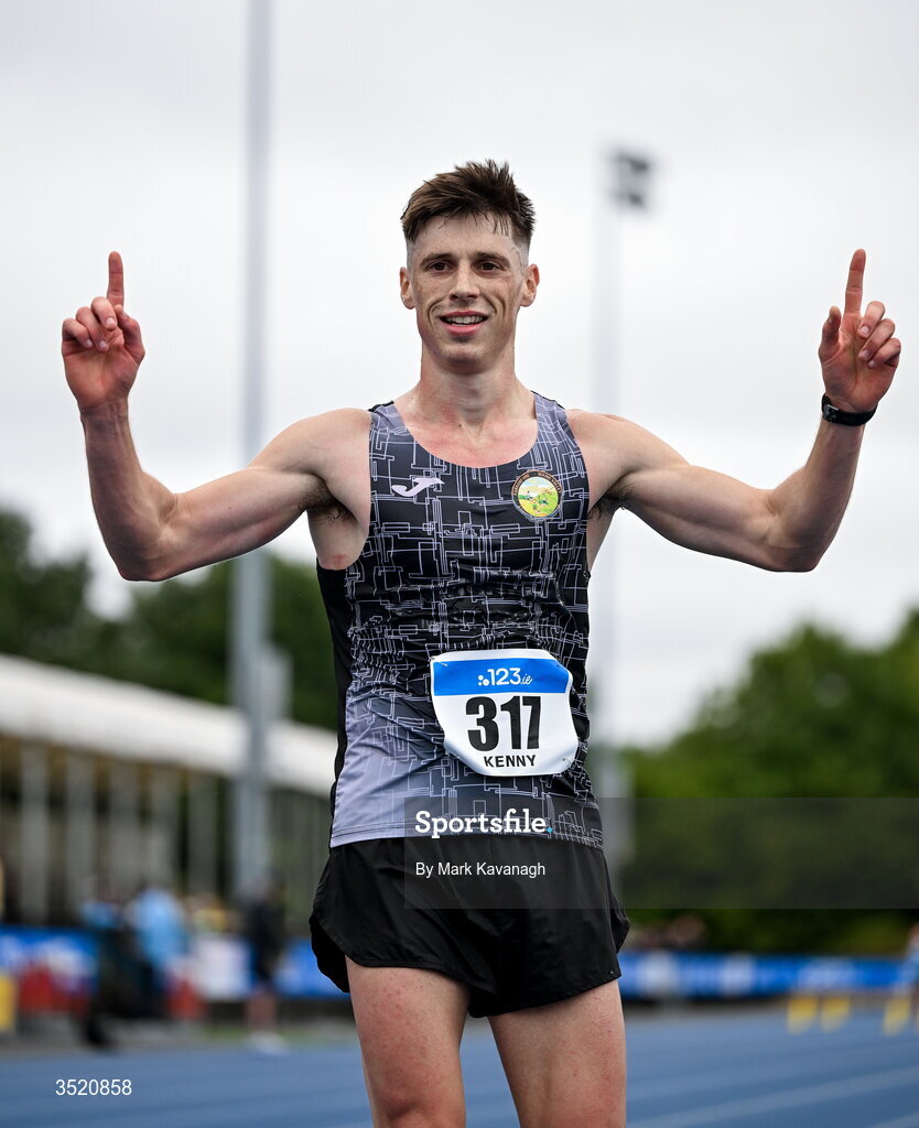 25 July 2026; David Kenny of Farranfore Maine Valley A.C. celebrates after winning the 10,000m walk during day one of the 123.ie National Senior Track & Field Championships 2026 at Morton Stadium in Dublin. Photo by Mark Kavanagh/Sportsfile