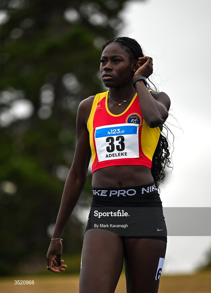 25 July 2026; Rhasidat Adeleke of Tallaght A.C. before the 200m during day one of the 123.ie National Senior Track & Field Championships 2026 at Morton Stadium in Dublin. Photo by Mark Kavanagh/Sportsfile