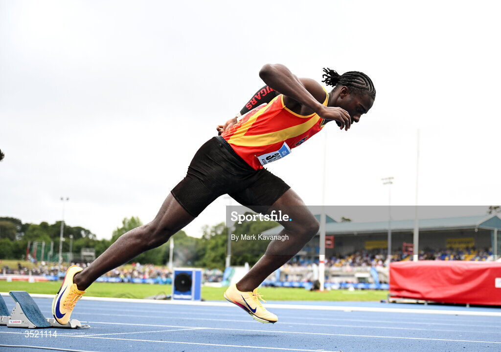25 July 2026; Sean Aigboboh of Tallaght A.C. competing in the 200m during day one of the 123.ie National Senior Track & Field Championships 2026 at Morton Stadium in Dublin. Photo by Mark Kavanagh/Sportsfile