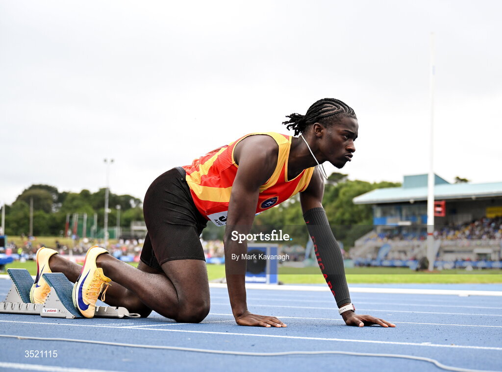 25 July 2026; Sean Aigboboh of Tallaght A.C. competing in the 200m during day one of the 123.ie National Senior Track & Field Championships 2026 at Morton Stadium in Dublin. Photo by Mark Kavanagh/Sportsfile